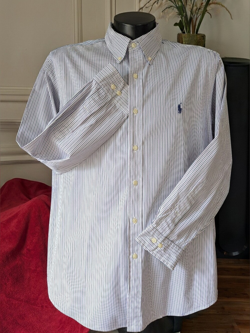 Ralph Lauren Mens Navy Purple White Pinstripe Button-Down Dress Shirt 17 32/33